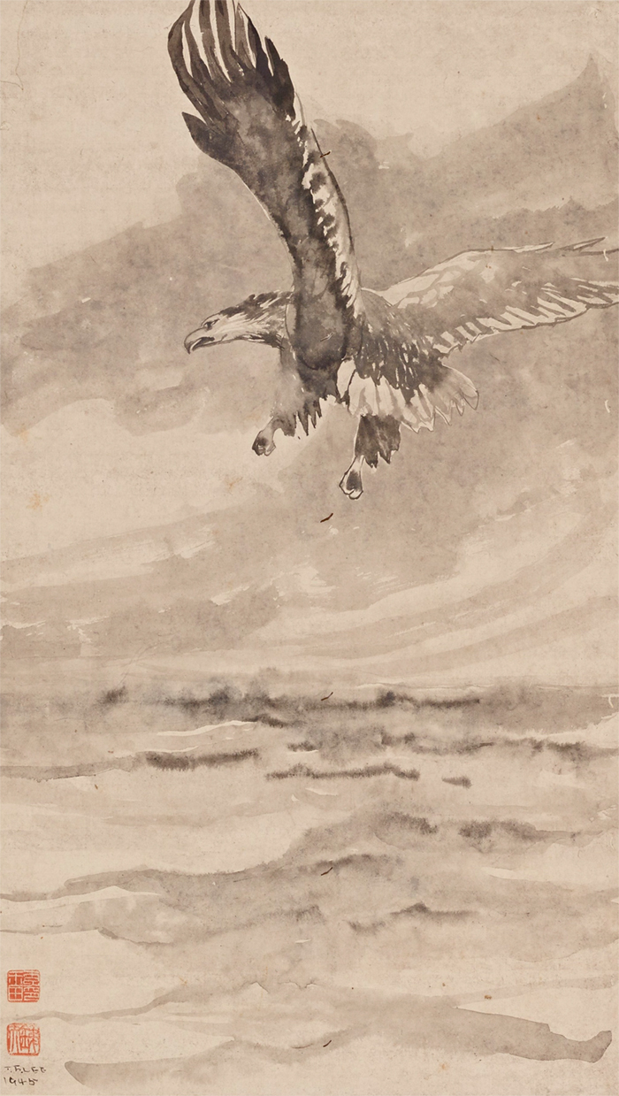 《临水飞鹰》,纸本水墨,81.3×46cm,1945年